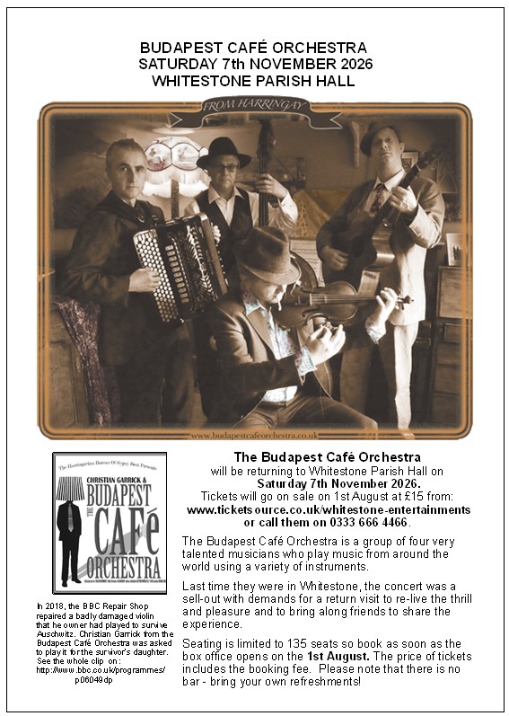 Budapest Cafe Orchestra next Whitestone concert